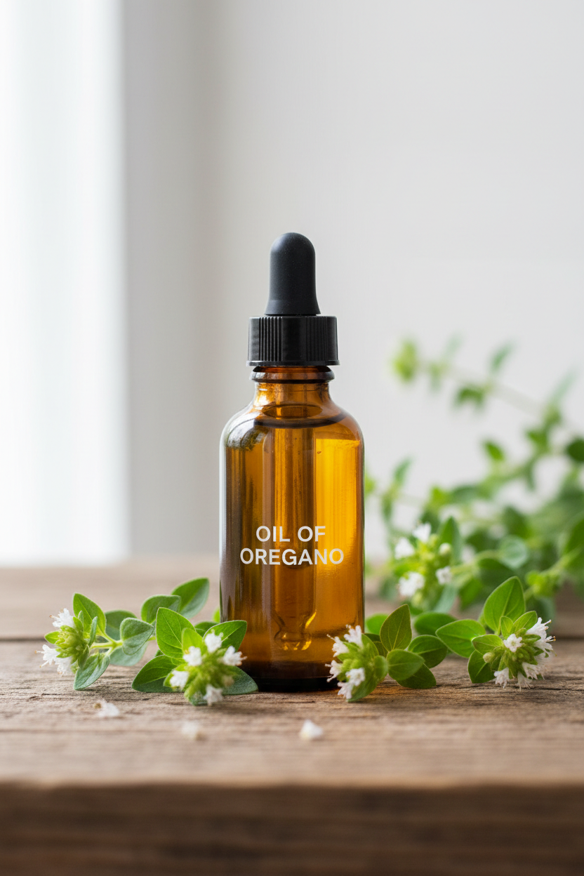 Premium amber glass dropper bottle of Oil of Oregano surrounded by fresh oregano sprigs and white flowers on a rustic wooden surface
