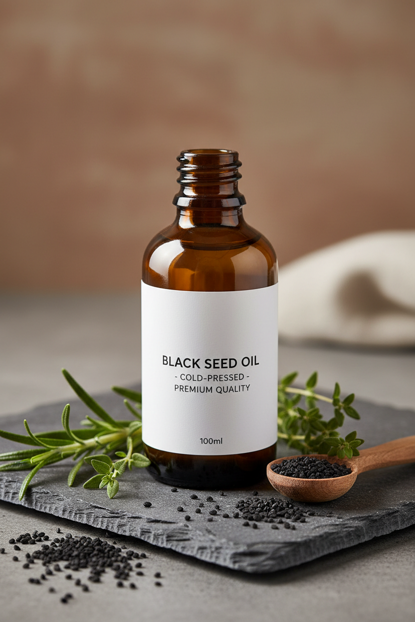 Premium cold-pressed Black Seed Oil amber glass bottle styled with black seeds and herbs on a natural stone surface